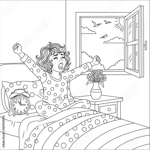 Cute Girl Waking Up in the Morning Coloring Page
