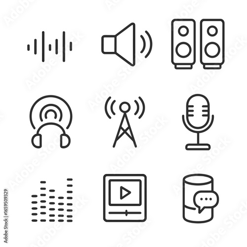 Technology Sound Icon Set. Outline icon set of roar in technology: audio signal, speaker, sound systems, podcast, radio broadcast,