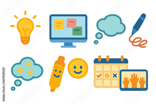 Colorful Brainstorming Session. Flat vector mini-illustrations Virtual brainstorming session in colors