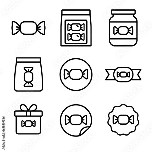 Toffee Package Icons. Outline icon set of toffee packaging: toffee wrapper, toffee box, toffee jar, toffee bag, toffee label,