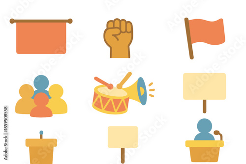 Colorful Children's Rally Icons. Flat vector mini-illustrations political rallies in colors children's