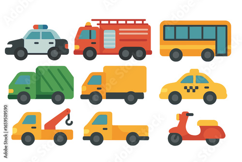 Colorful City Vehicles. Flat vector mini-illustrations city vehicles in colors children's illustrations: