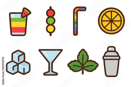 Colorful Cocktail Icons. Flat vector mini-illustrations Colorful cocktail presentation in colors children's