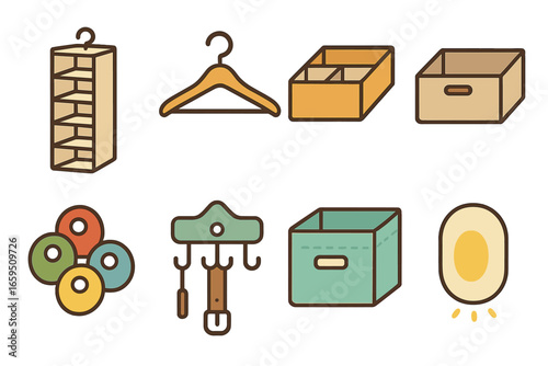Colorful Closet Tools. Flat vector mini-illustrations Closet organization tools in colors children's