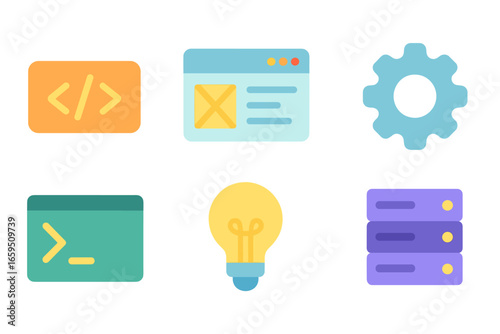 Colorful Coding Icons. Flat vector mini-illustrations Freelance web developer in colors children's
