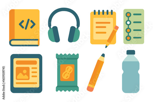 Colorful Coding Workspace. Flat vector mini-illustrations Coding bootcamp desk in colors children's