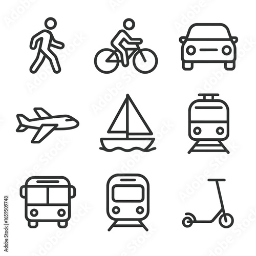 Transport Icon Grid. Outline icon set of transport modes: walking, cycling, driving, flying, sailing, train travel, bus ride,