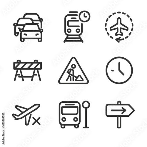 Transportation Delay Icons. Outline icon set of transportation delay: traffic jam, delayed train, airplane holding pattern,