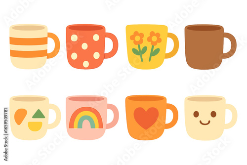 Colorful Coffee Cup Patterns. Flat vector mini-illustrations coffee cup patterns in colors children's