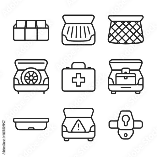 Trunk Accessories Icons. Outline icon set of trunk accessories: trunk organizer, trunk liner, trunk net, spare tire in trunk,
