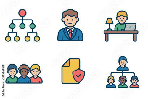 Colorful Corporate Icons. Flat vector mini-illustrations Corporate structure hierarchy in colors children's