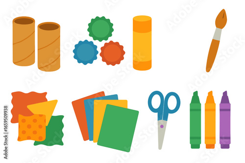 Colorful Craft Supplies. Flat vector mini-illustrations Artistic recycling crafts in colors children's