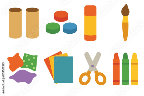 Colorful Craft Supplies. Flat vector mini-illustrations Artistic recycling crafts in colors children's