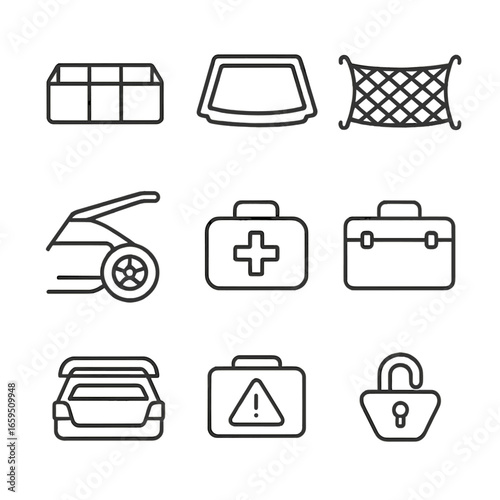 Trunk Accessories Icons. Outline icon set of trunk accessories: trunk organizer, trunk liner, trunk net, spare tire in trunk,