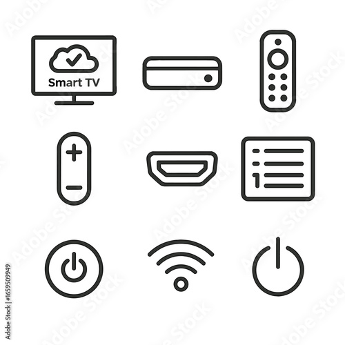 TV Icon Set. Outline icon set of television receivers: smart TV, set-top box, remote control, channel list, volume buttons, HDMI