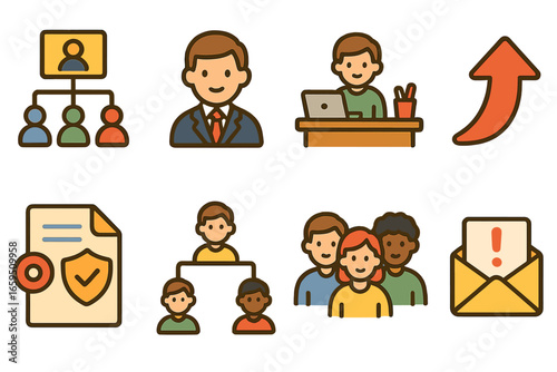 Colorful Corporate Icons. Flat vector mini-illustrations Corporate structure hierarchy in colors children's