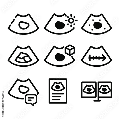 Ultrasound Icon Set. Outline icon set of ultrasound image analysis: edge detection, contrast adjustment, noise reduction,