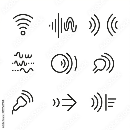 Ultrasound Wave Icons. Outline icon set of ultrasound wave concepts: sound wave, frequency wave, reflection wave, pulse wave,