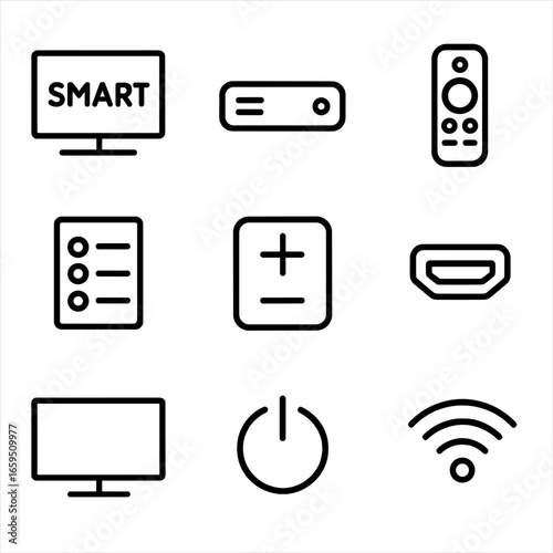 TV Icon Set. Outline icon set of television receivers: smart TV, set-top box, remote control, channel list, volume buttons, HDMI