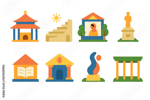 Colorful Cultural Icons. Flat vector mini-illustrations architecture supporting local culture in colors
