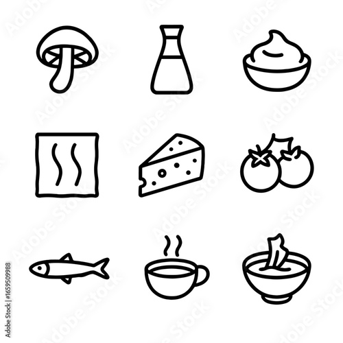 Umami Ingredient Icons. Outline icon set of umami ingredients: shiitake mushroom, soy sauce, miso paste, seaweed, parmesan cheese,