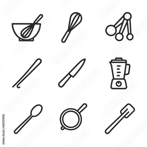 Vanilla Kitchen Tools Icons. Outline icon set of vanilla kitchen tools: mixing bowl, whisk, measuring spoons, vanilla bean scraper