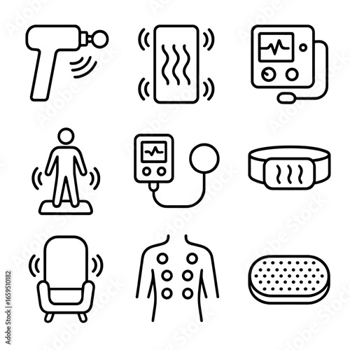Vibration Therapy Icons. Outline icon set of vibration therapy: massage device, vibrating pad, therapeutic machine, body vibration
