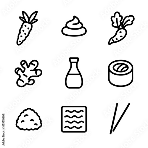 Wasabi Ingredients Icons. Outline icon set of wasabi ingredients: wasabi root, wasabi paste, horseradish, ginger, soy sauce, sushi