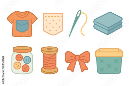 Colorful Fabric Organizers. Flat vector mini-illustrations Repurposed fabric organizers in colors children's