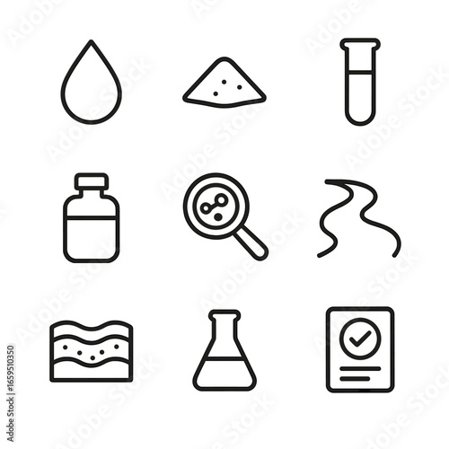 Water and Soil Icons. Outline icon set of water and soil samples: water drop, soil mound, test tube, sampling bottle, magnifying