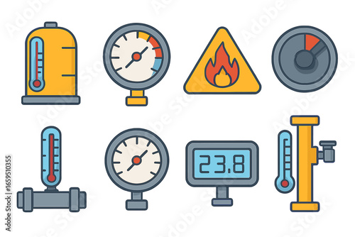 Colorful Factory Thermometers. Flat vector mini-illustrations factory thermometers in colors children's