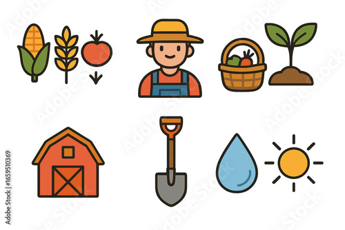 Colorful Farm Icons. Flat vector mini-illustrations Mixed farming resilience in colors children's
