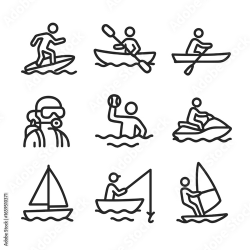 Water Sports Icons. Outline icon set of water sports: surfing, kayaking, rowing, scuba diving, water polo, jet skiing, sailing,