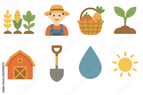 Colorful Farm Icons. Flat vector mini-illustrations Mixed farming resilience in colors children's
