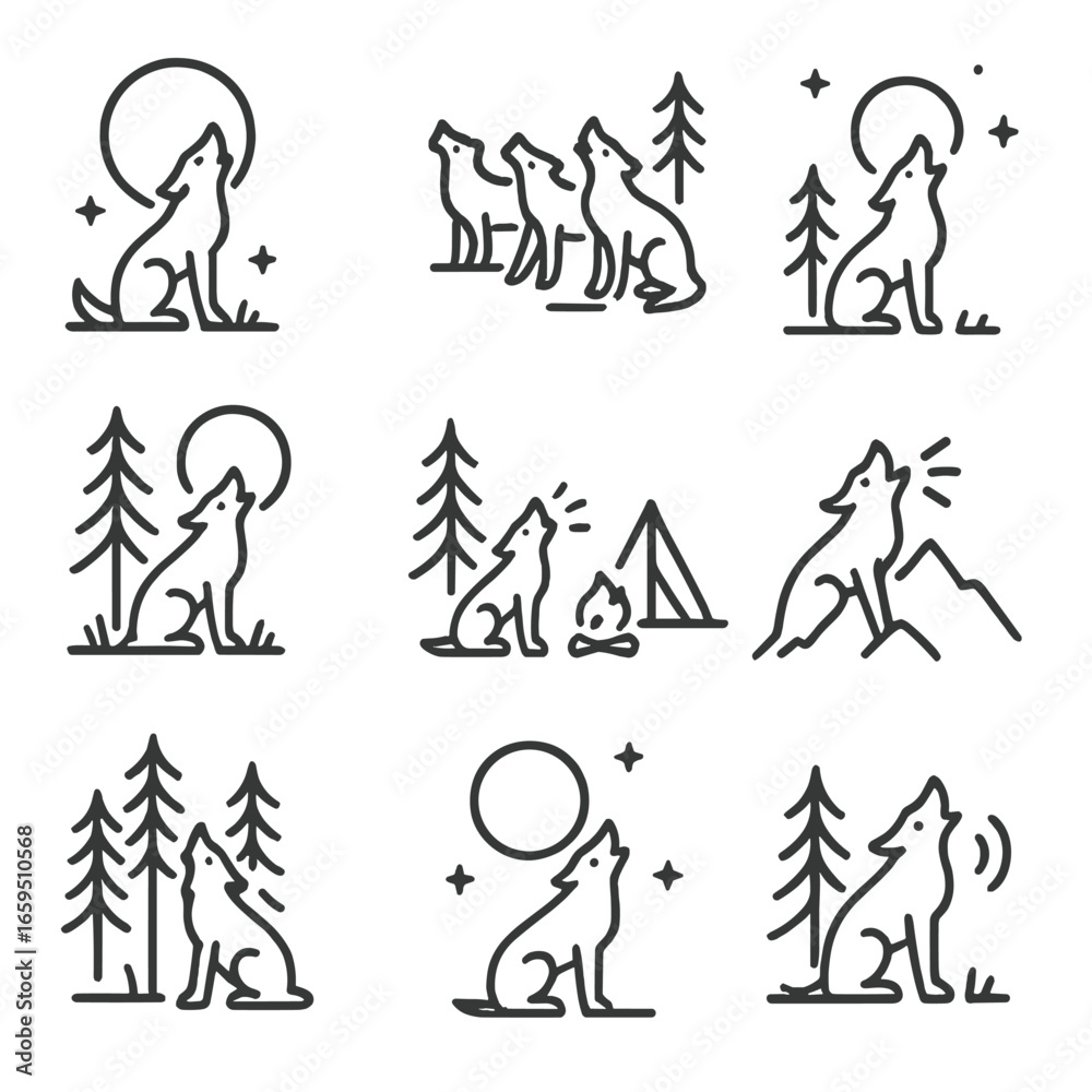 Fototapeta premium Wild Howl Icons. Outline icon set of howl in wilderness: night howl, wolves in the wild, forest at night, mountain cry, camping