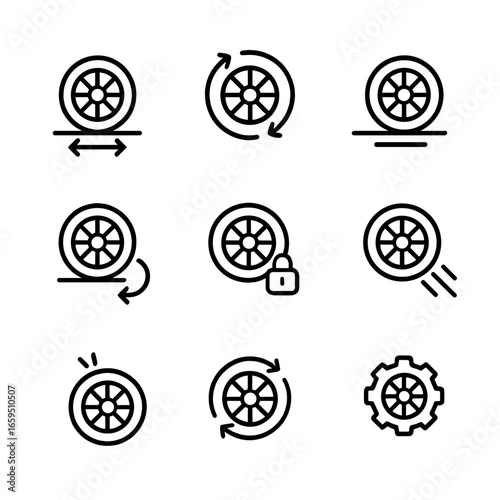Wheel Icon Set. Outline icon set of wheel movement: rolling wheel, spinning wheel, sliding wheel, turning wheel, locked wheel,