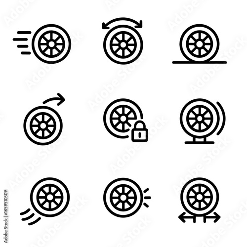 Wheel Icon Set. Outline icon set of wheel movement: rolling wheel, spinning wheel, sliding wheel, turning wheel, locked wheel,