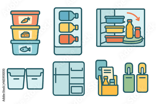 Colorful Fridge Organization Icons. Flat vector mini-illustrations organizing fridge door in colors children's