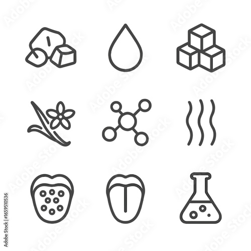 White Chocolate Chemistry Icons. Outline icon set of white chocolate flavor chemistry: cocoa butter, milk droplet, sugar cube,