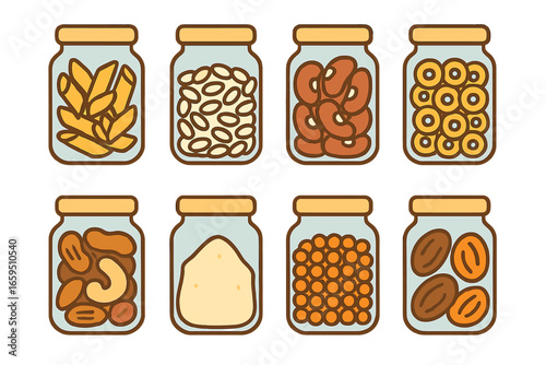 Colorful Food Storage Icons. Flat vector mini-illustrations Kitchen storage by food type in colors children's