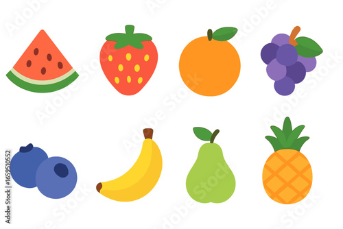 Colorful Fruit Icons. Flat vector mini-illustrations seasonal fruits in colors children's illustrations: