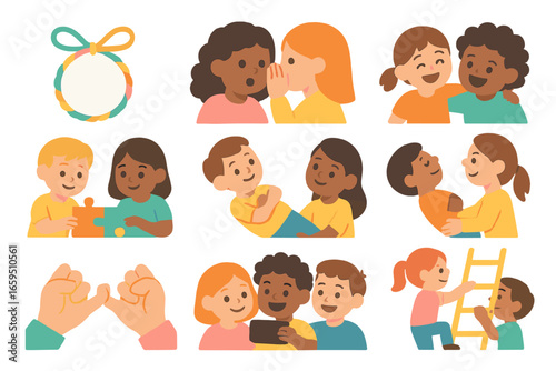 Colorful Friendship Icons. Flat vector mini-illustrations Friendship bonds and trust building in colors