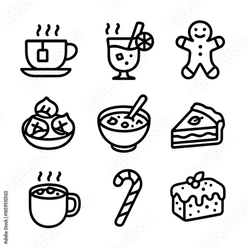 Winter Treat Icons. Outline icon set of winter food & drink: hot tea, mulled wine, gingerbread cookie, roasted chestnuts, stew,