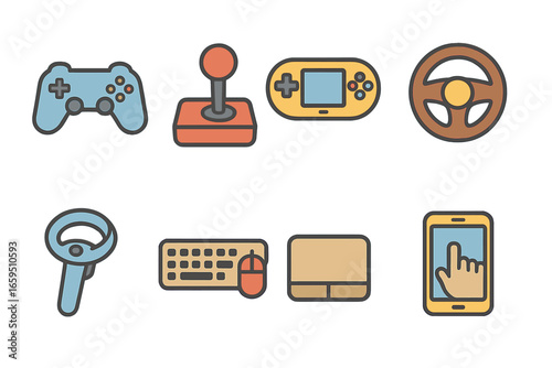 Colorful Game Controllers. Flat vector mini-illustrations Game controller types in colors children's