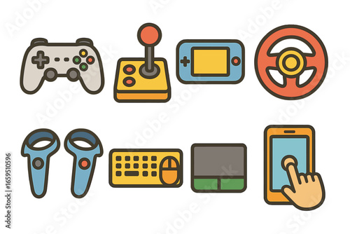 Colorful Game Controllers. Flat vector mini-illustrations Game controller types in colors children's