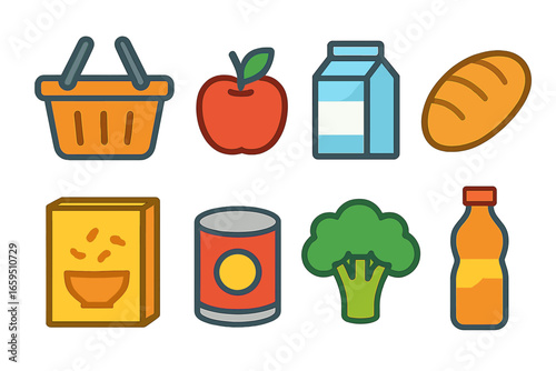 Colorful Grocery Icons. Flat vector mini-illustrations grocery shopping in colors children's illustrations: