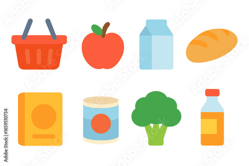 Colorful Grocery Icons. Flat vector mini-illustrations grocery shopping in colors children's illustrations: