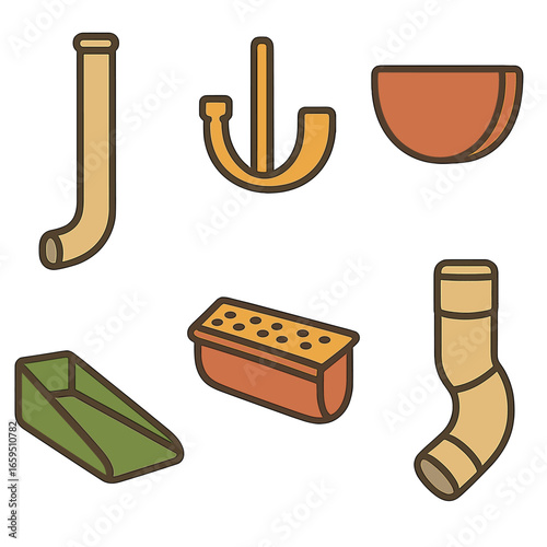 Colorful Gutter System Icons. Flat vector mini-illustrations Rain gutter system parts in colors children's