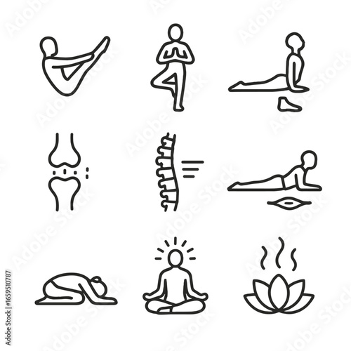 Yoga Fitness Icons. Outline icon set of yoga fitness elements: core strength, endurance, flexibility, joint health, spine