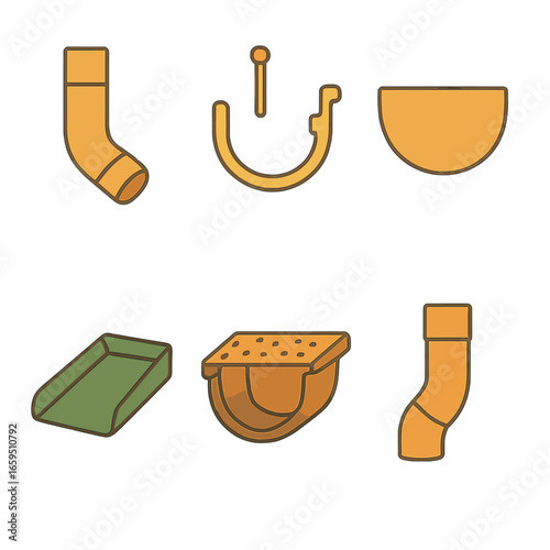 Colorful Gutter System Icons. Flat vector mini-illustrations Rain gutter system parts in colors children's